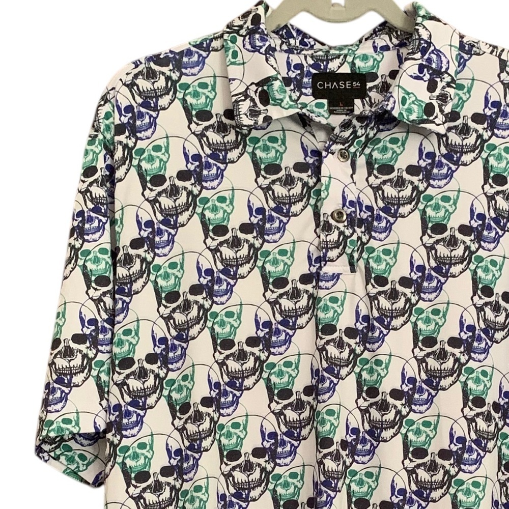 Chase 54 Mens Skull Graphic 3 Button Short Sleeve Golf Performance Polo Sz L